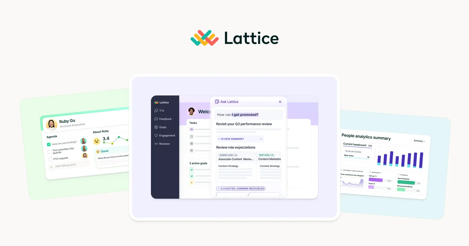 Lattice interface montage with feedback, goals, reviews, Ask Lattice, and people analytics