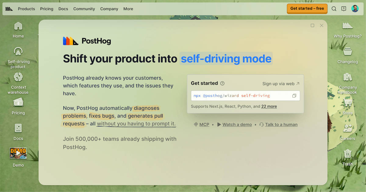 PostHog official product-site interface describing its self-driving product workflow