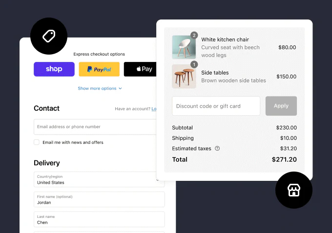 Shopify Checkout showing express payment options, an order summary, tax, and total